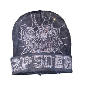 Sp5der Rhinestone Spider Web Beanie Black